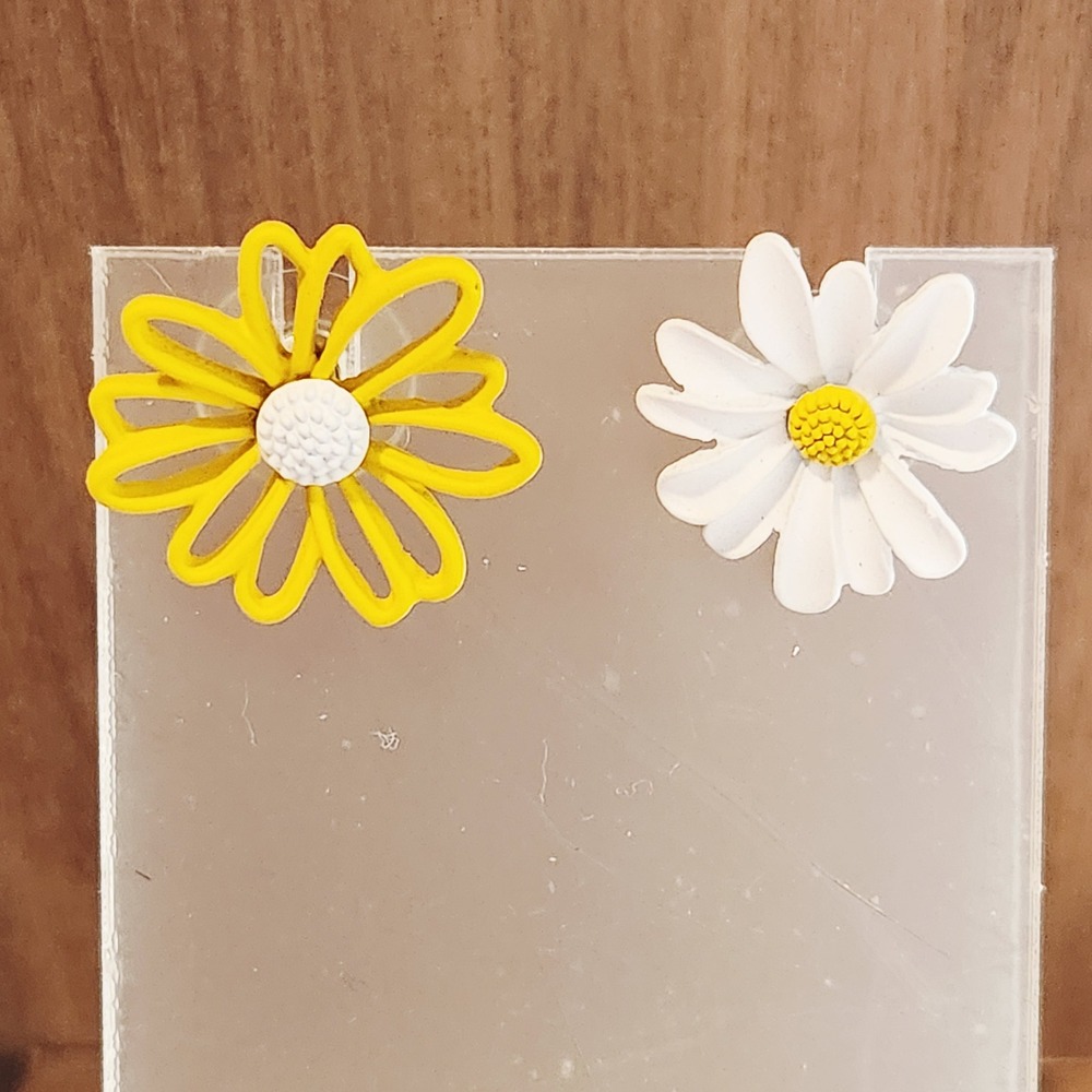 Yellow and White Mismatched Daisy Flower Stud Earrings Floral Matte Jewelry 1"